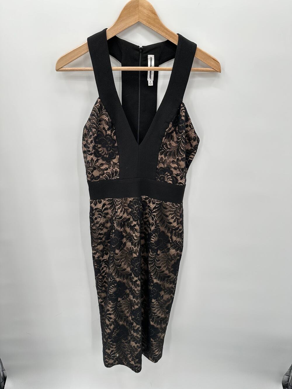 DRESS THE POPULATION Black Lace Racerback V-Neck Midi Gown Dress // S
